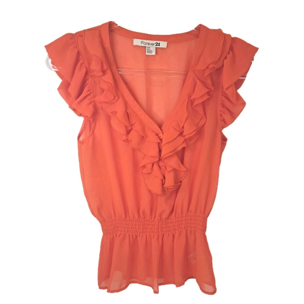 Forever 21 Ruffled Sleeveless Blouse Women's S Sheer Orange Ruffle Coquette‎ Top
